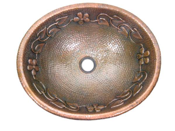 -Mexican Style Hand Hammered And Handcraft Oval Flowers Bathroom Copper Sink