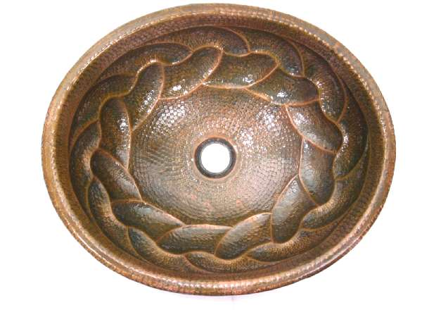Mexican Style Hand Hammered And Handcraft Oval Braided Bathroom Copper Sink