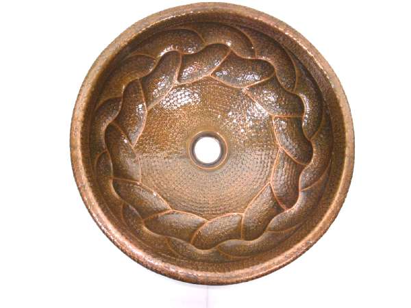 Mexican Style Hand Hammered And Handcraft Round Braided Bathroom Copper Sink